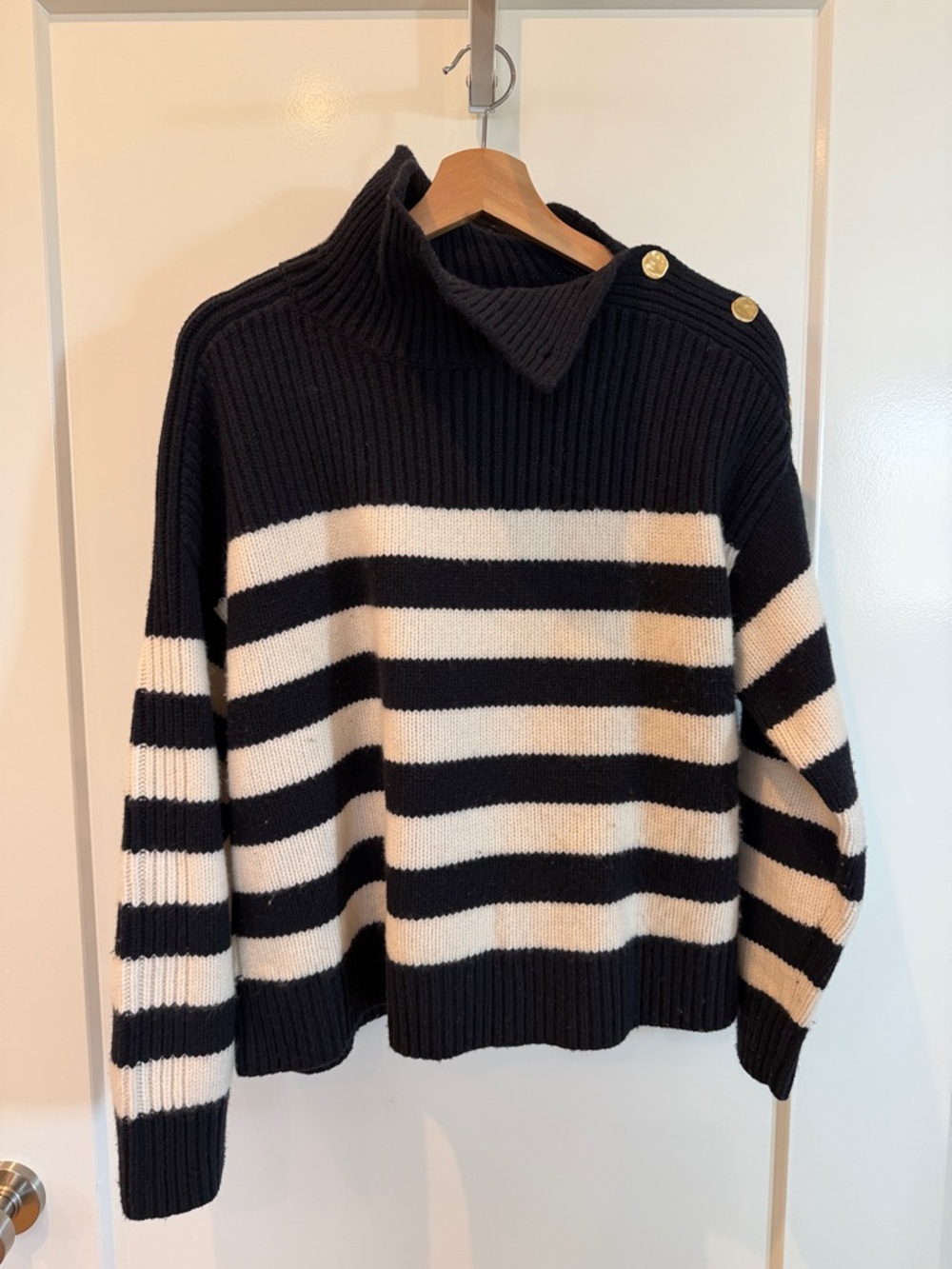 COS Black and White Striped Cowl Button-Shoulder Sweater